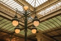 Art Nouveau lamp and glass ceiling in an old building, at Brussels.